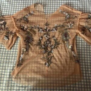 Pink Flowered Embroidered Mesh Top